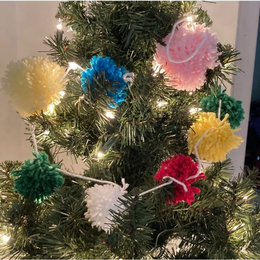 Handmade Pompom garland strands yarn balls Colorful decorations x4